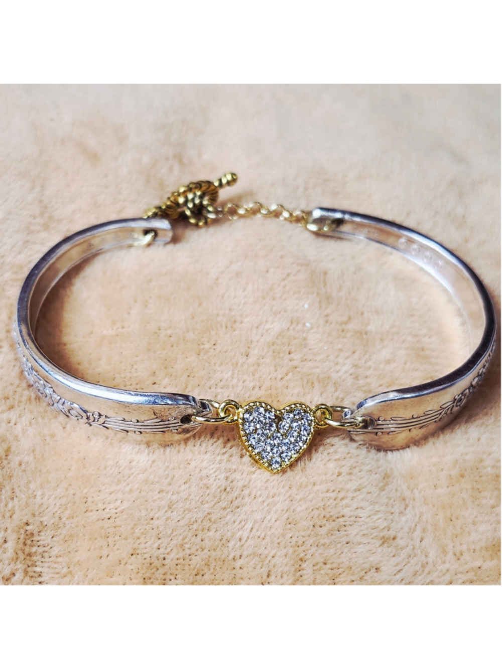 Bracelet Silverwear ONEIDA silverplate 1954 ROYAL ROSE gold rhinestone heart